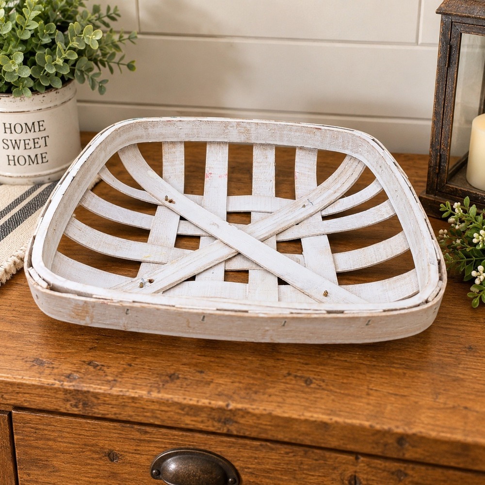 Rustic White Tobacco Basket Square Farmhouse Decorative Tray 10x10 primative